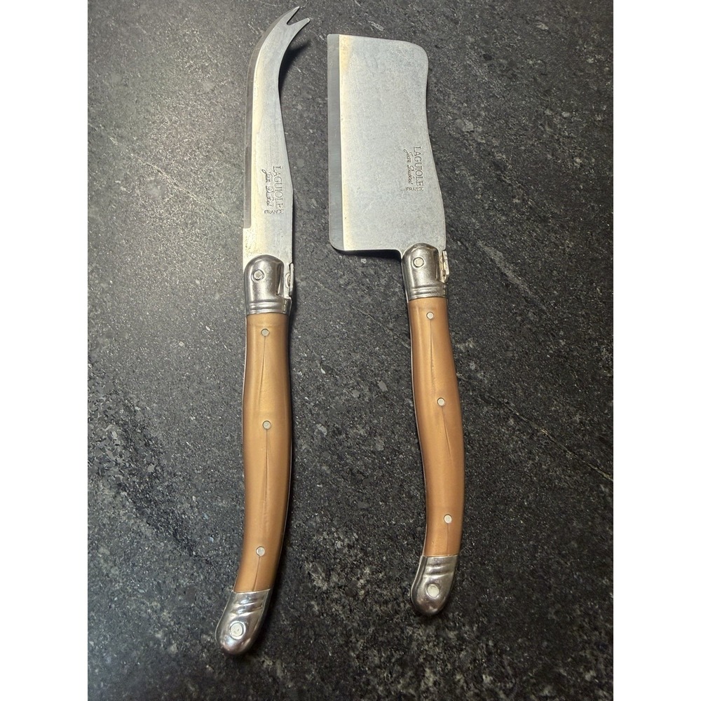 Laguiole Jean Dubost France Cheese Knife & Cleaver Set Faux Brown Horn Handles